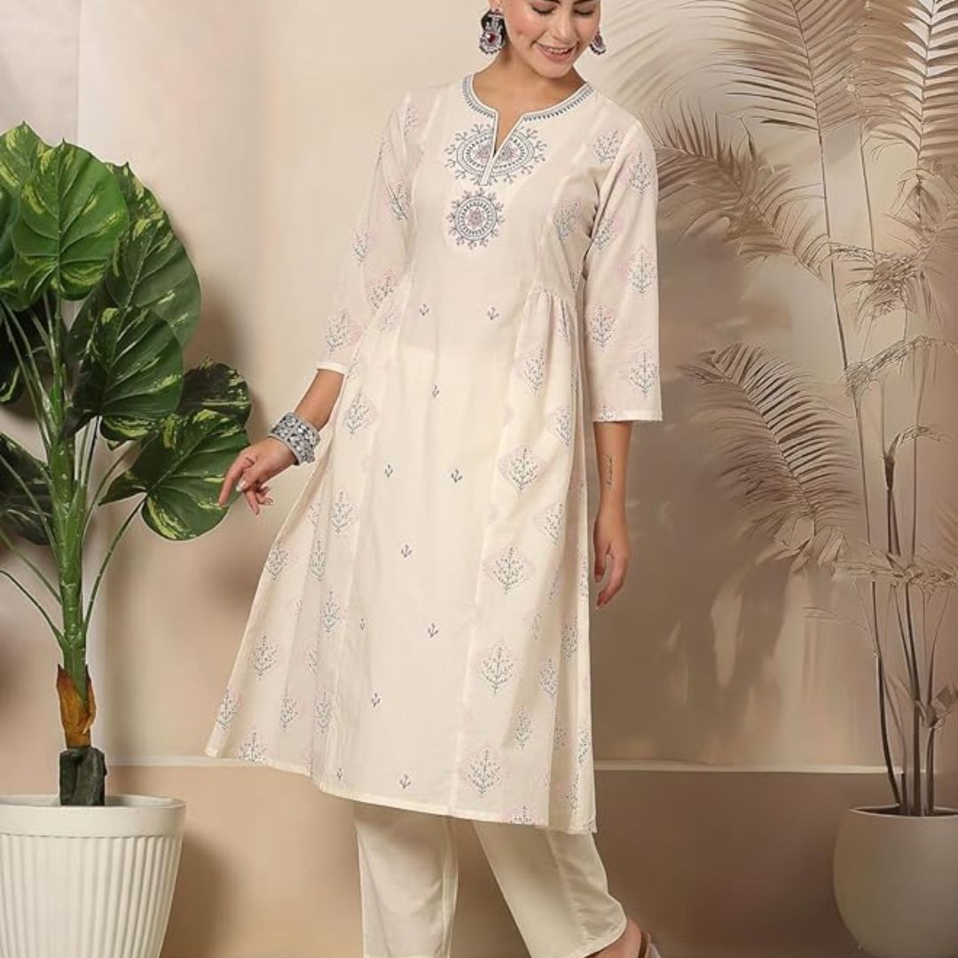 Embroidered Yoke Round Neck Flared Kurta and Palazzo Set for Women