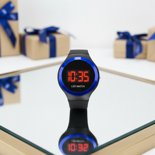 Black LED watch with red digital display on a white surface with gift boxes in the background