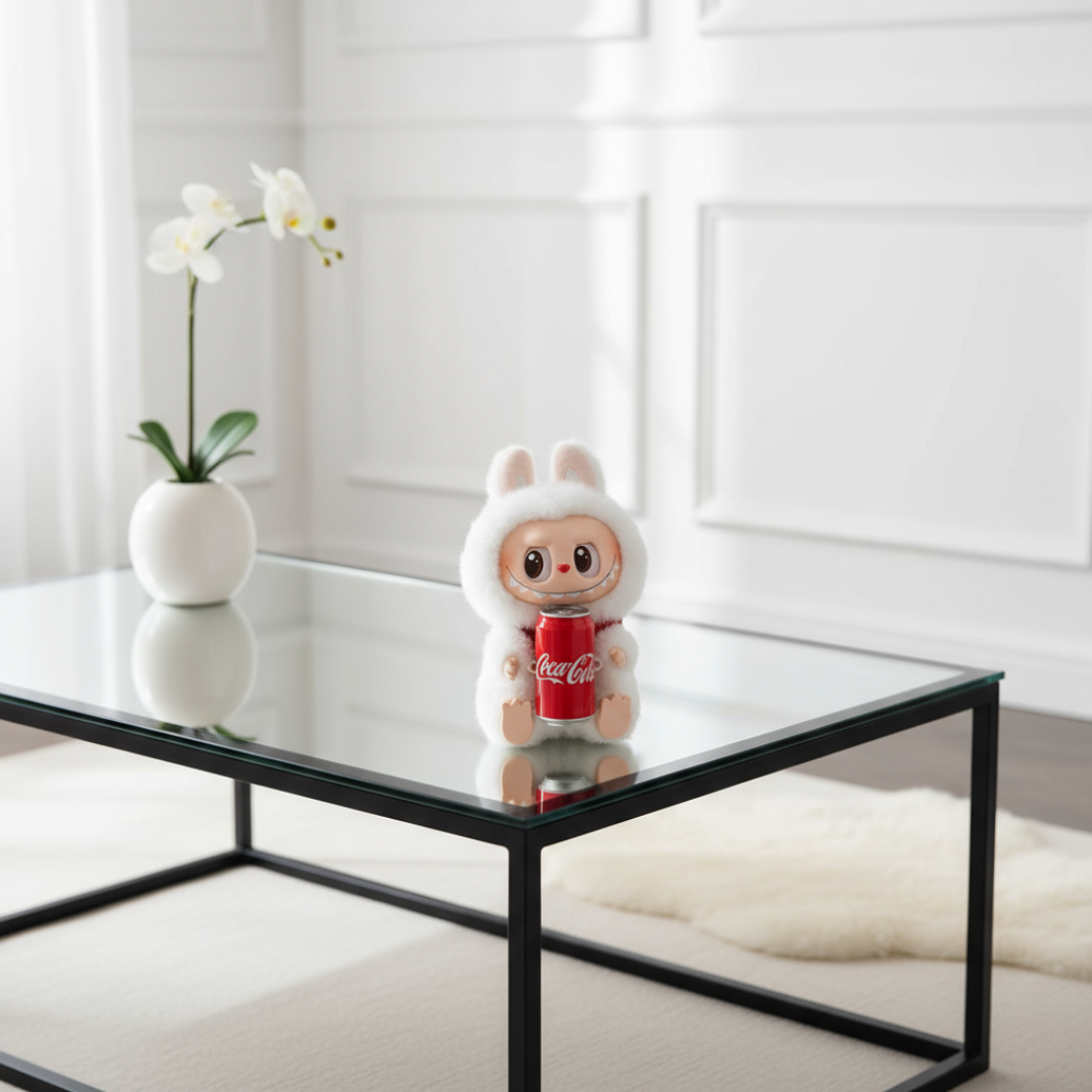 Coca-Cola mascot figurine on a glass coffee table with a white vase and orchid in the background.