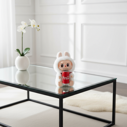 Coca-Cola mascot figurine on a glass coffee table with a white vase and orchid in the background.