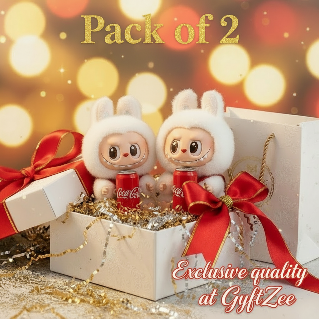 Toy figure with Coca-Cola can and gift box against a festive background