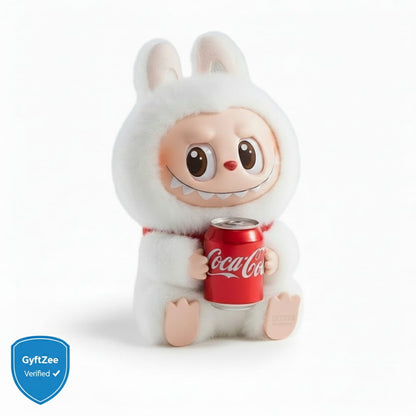 Plush toy resembling a character holding a Coca-Cola can on a white background