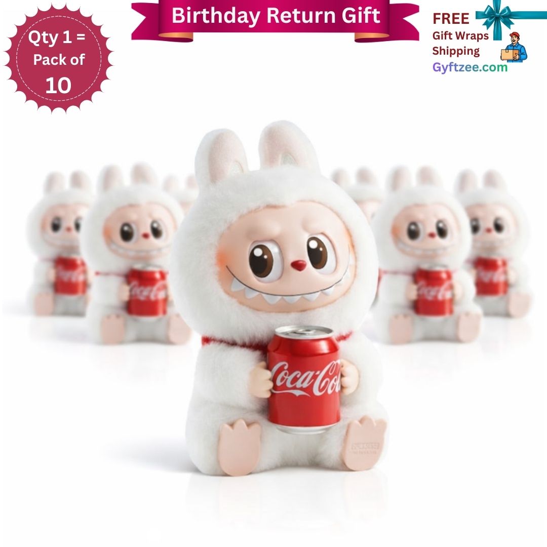 Plush toy with Coca-Cola can design on a white background, promotional text overlay.