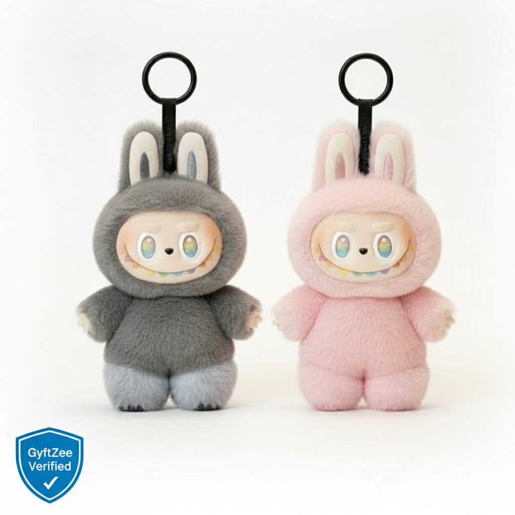 Two plush keychains, one gray and one pink, with a 'GyftZee Verified' badge on a white background.