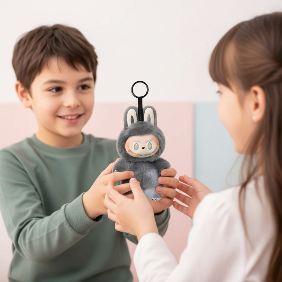 Two children holding a small plush toy with a rabbit design against a light pink background