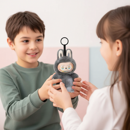 Two children holding a small plush toy with a rabbit design against a light pink background