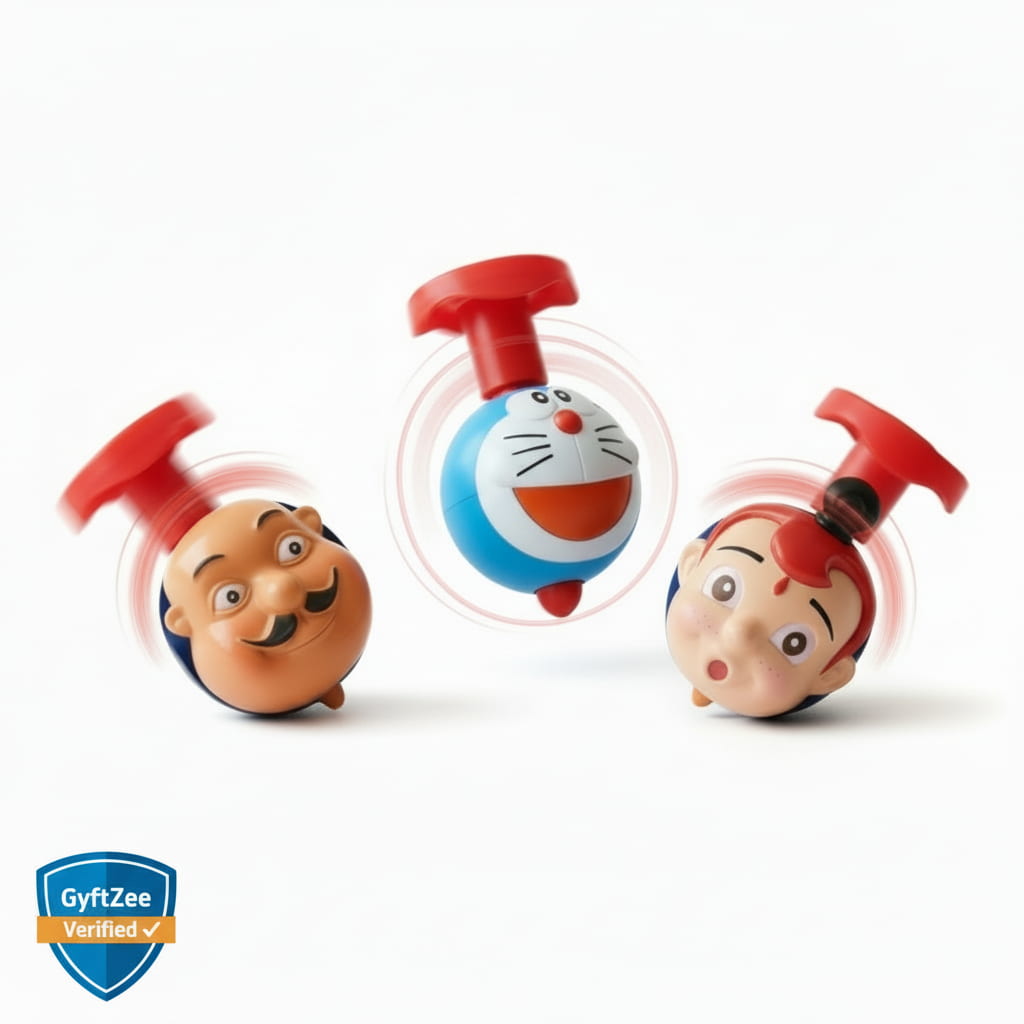 Three cartoon character toys with red hats on a white background, featuring the GyftZee logo. It is a kids Lattu toy