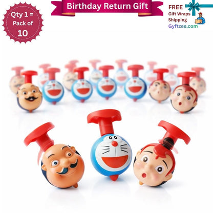 Pack of cartoon character toys with promotional text for a birthday return gift on a white background.