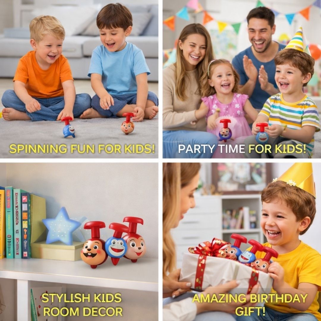 Children playing with toys, celebrating a birthday, and interacting with a product in various settings.