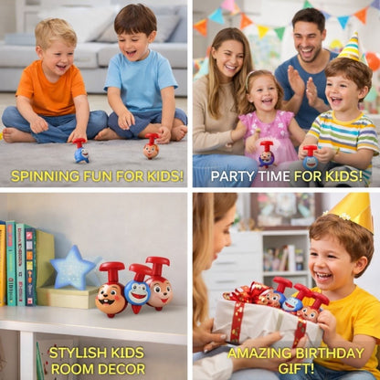 Children playing with toys, celebrating a birthday, and interacting with a product in various settings.