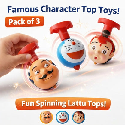 Pack of 3 fun spinning lattu tops with cartoon character designs on a white background.