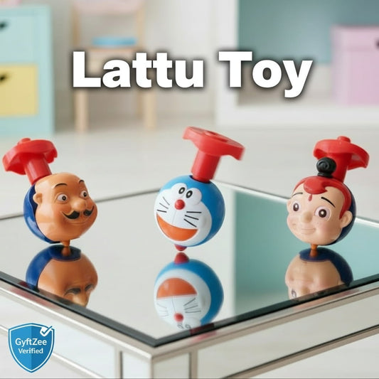 Three colorful toy figures on a reflective surface with 'Lattu Toy' text above. Kids Toy