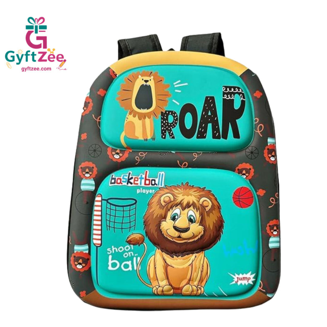 A colorful backpack with a 3D lion character design and space theme, featuring an astronaut and a rocket.