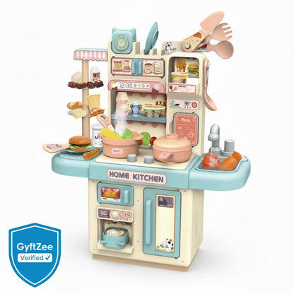 Toy kitchen set with various accessories on a white background, featuring GyftZee verification badge.