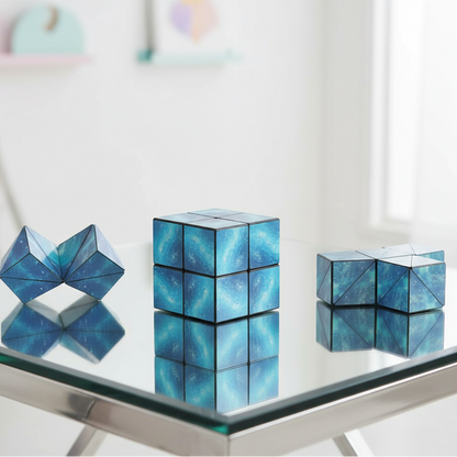 Blue geometric puzzle on a glass table with a blurred background