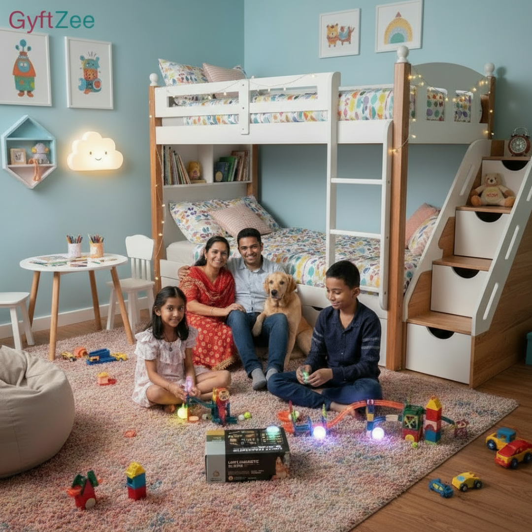 Family with children and a dog playing in a child's bedroom with bunk beds and toys.