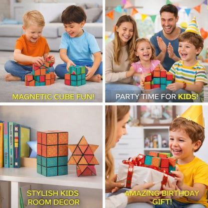 Collage of children playing with colorful magnetic cube toys in various settings.