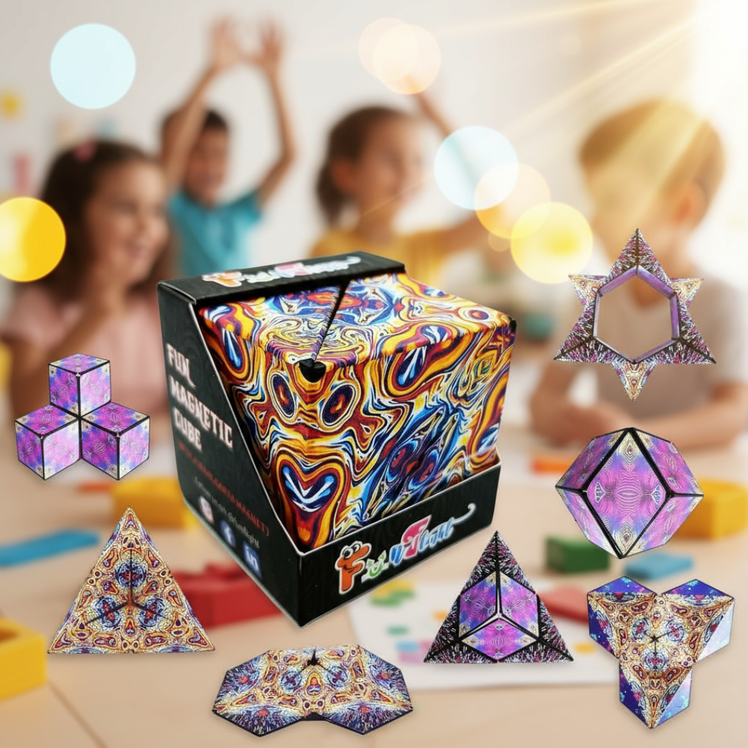 Colorful geometric puzzle toys with a box in a classroom setting