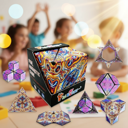 Colorful geometric puzzle toys with a box in a classroom setting
