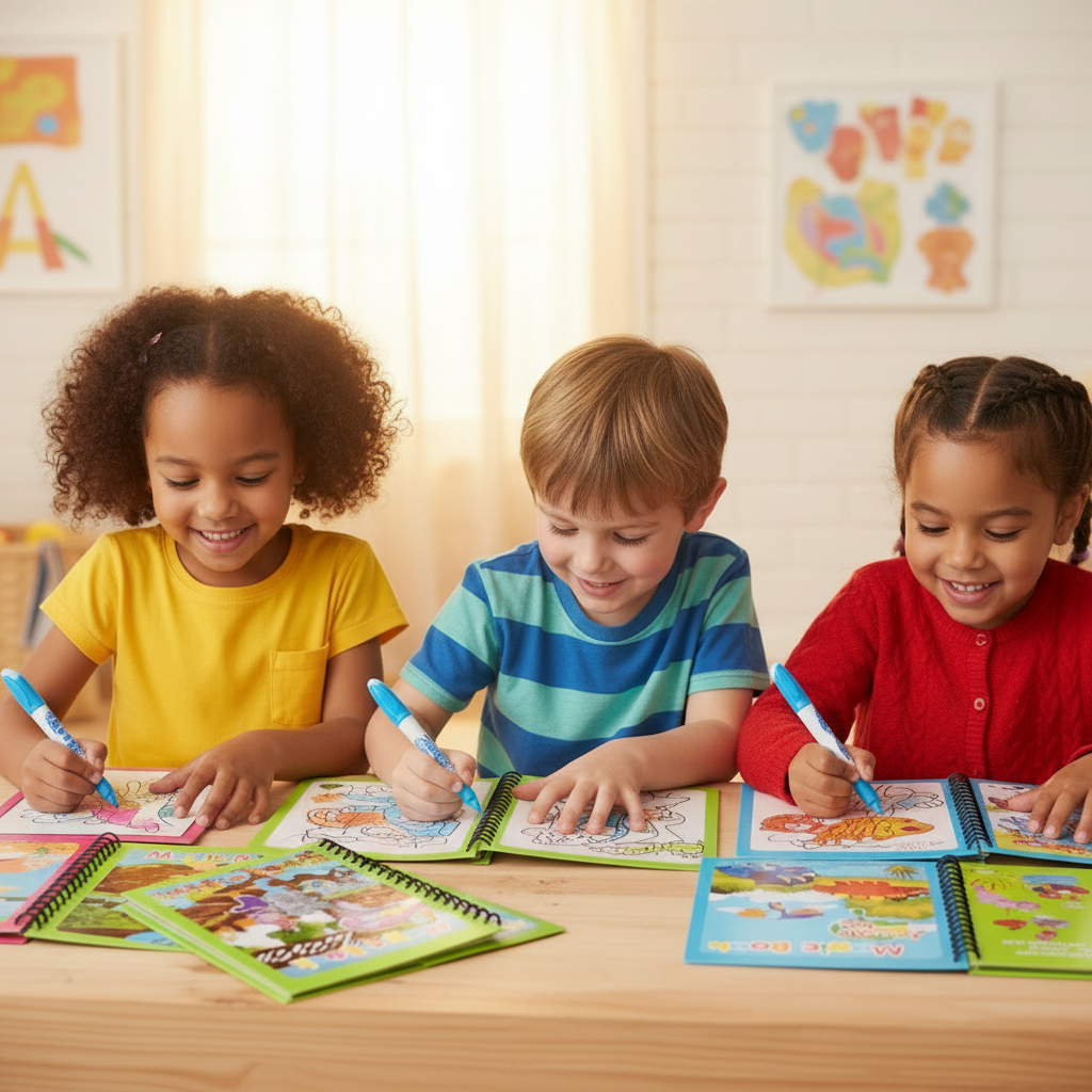 Three children sitting at a table, engaged in coloring activities with crayons.