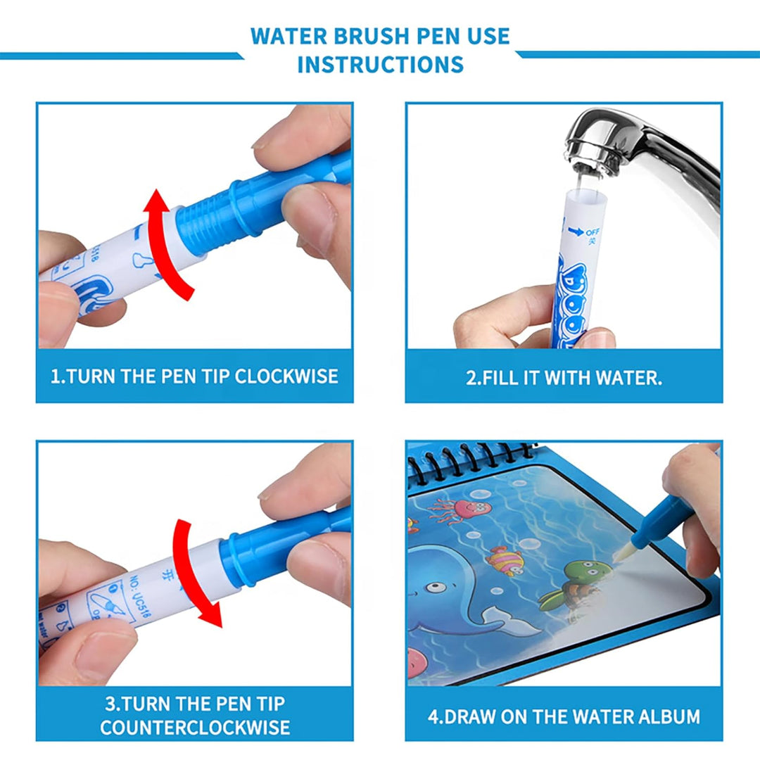 Step-by-step instructions for using a water brush pen with images of hands holding the pen and filling it with water.