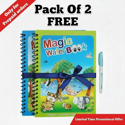 Two 'Magic Water Book' with a pen, tied together with a blue ribbon on a white background.