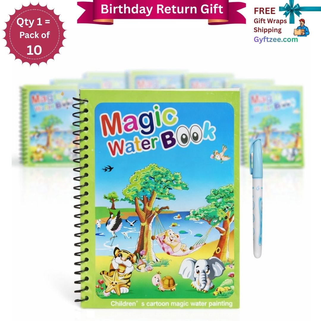 Children's cartoon magic water painting book with a pen, on a white background.