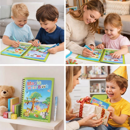 Collage of children and adults using a Magic Water Book in various settings.