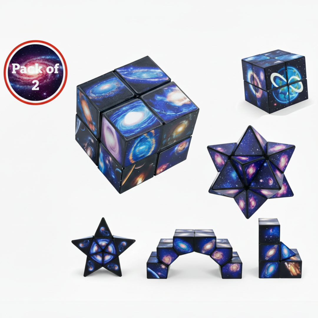 Set of interlocking geometric shapes with galaxy-themed designs on a white background