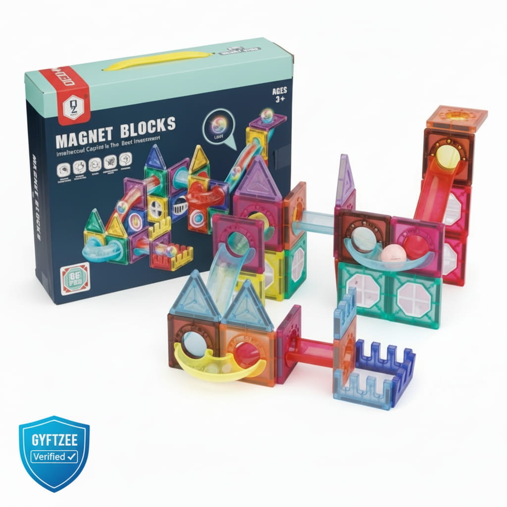 Colorful magnet blocks set with packaging on a white background