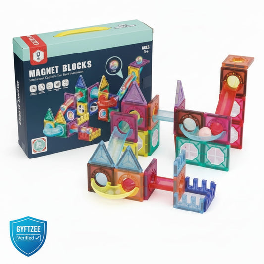 Colorful magnet blocks set with packaging on a white background