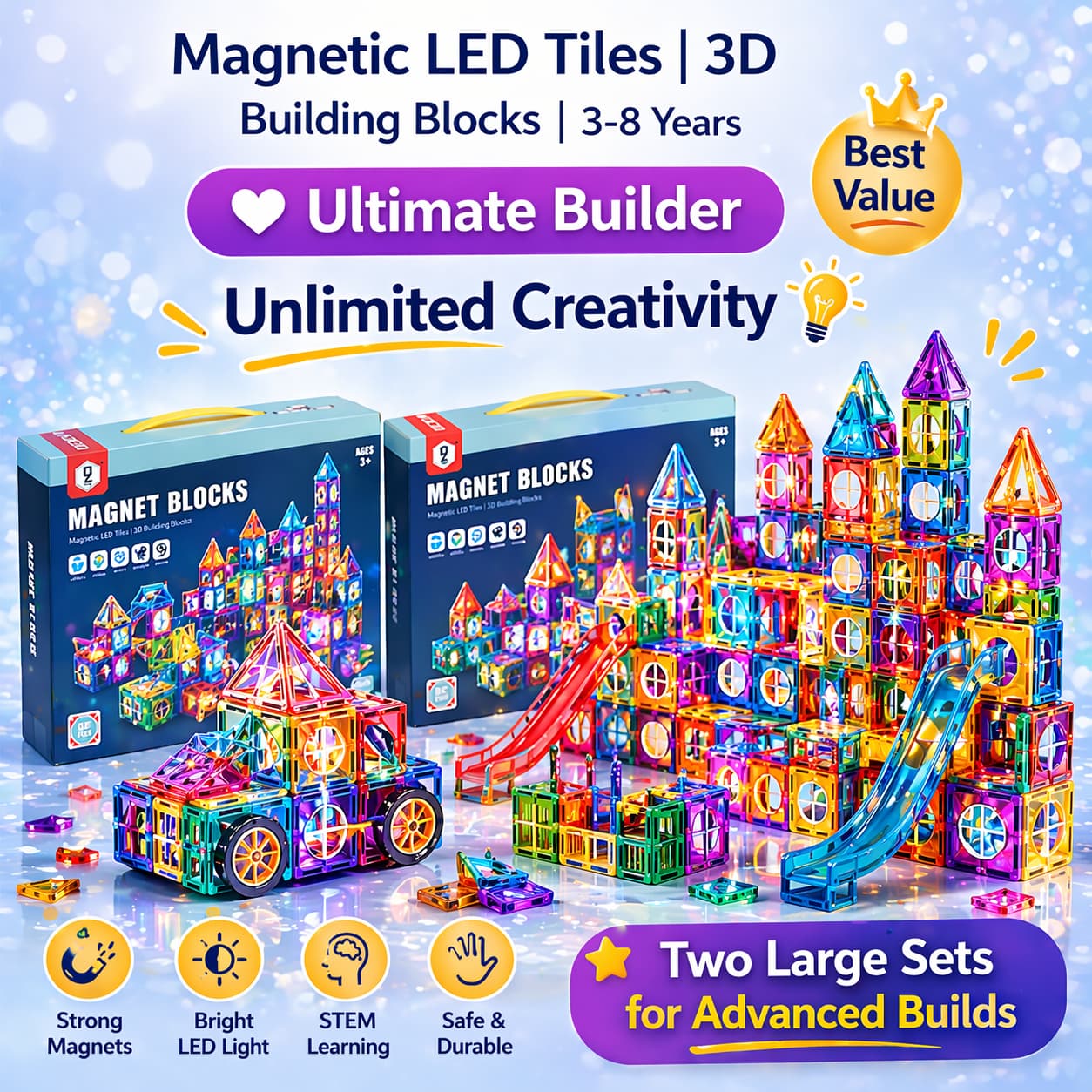 Magnetic LED tiles building blocks set with colorful structures and packaging on a light blue background.