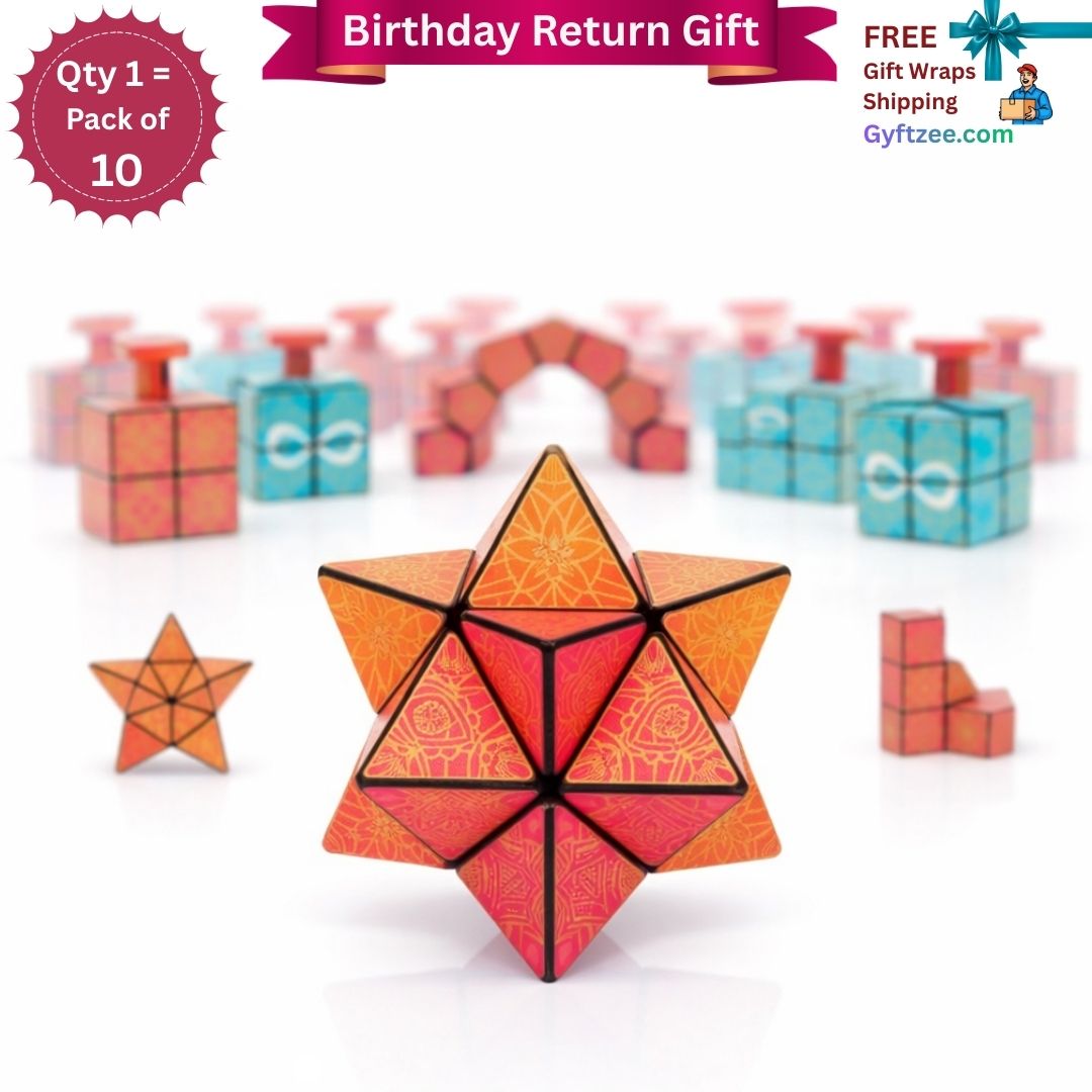 Colorful geometric puzzle toy with packaging and promotional text on a white background