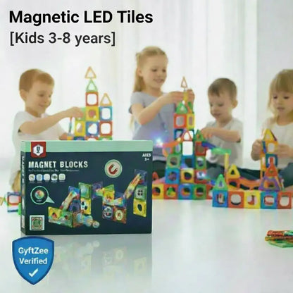 Children playing with magnetic LED tiles and the product packaging on a white background