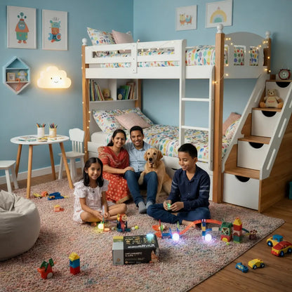 Family of four with a dog sitting on the floor in front of a bunk bed in a child's bedroom.