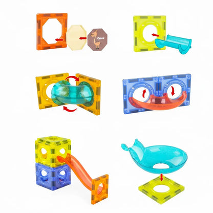 Colorful transparent puzzle blocks with various shapes on a white background