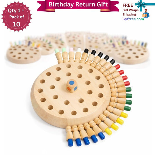 Wooden peg game with colorful pegs on a white background, labeled as a birthday return gift.