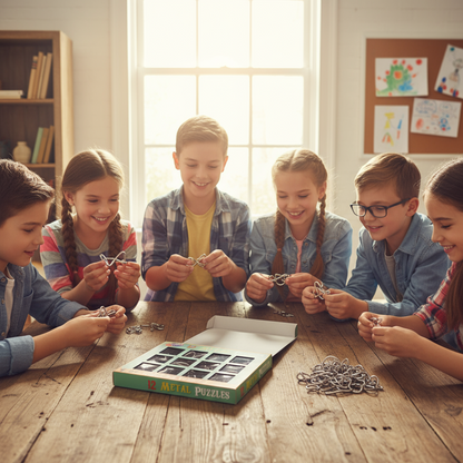 Children around a table with metal puzzles and a box labeled 'Metal Puzzles'.
