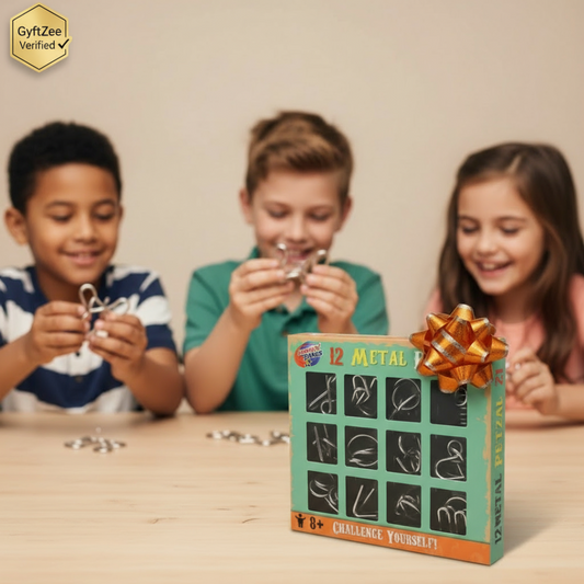 Box of metal puzzles with a bow on a teal background, featuring promotional text.
