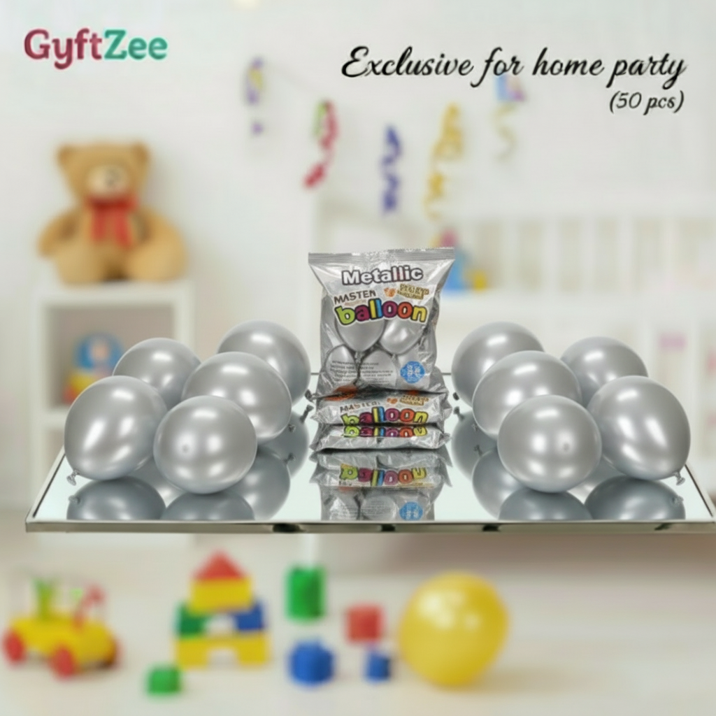 Silver balloons with packaging labeled 'GyftZee' on a reflective surface with toys in the background.