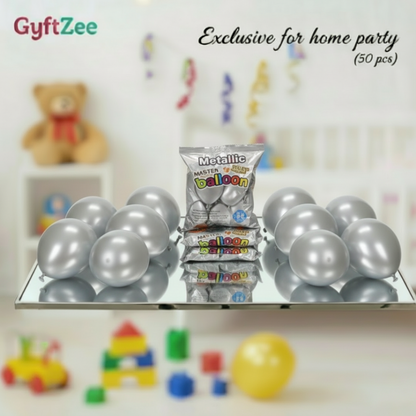 Silver balloons with packaging labeled 'GyftZee' on a reflective surface with toys in the background.