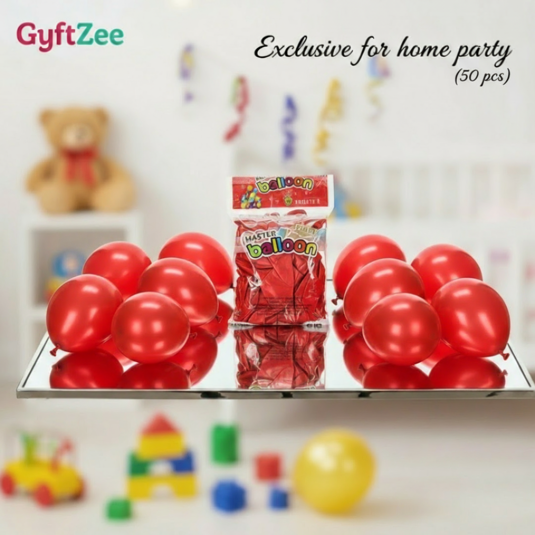 Red balloons and a package labeled 'Balloon' on a reflective surface with toys in the background, featuring the brand 'GyftZee'.
