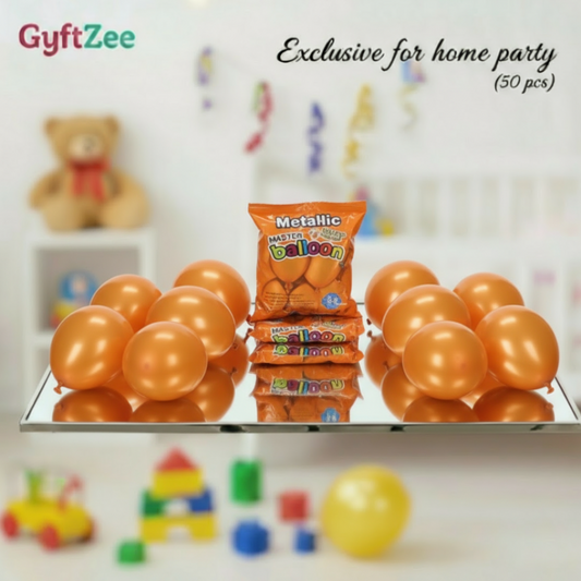 Orange balloons and packaging with 'GyftZee' branding on a white surface.