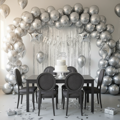 Dining room with silver balloon arch and 'Happy Birthday' banner