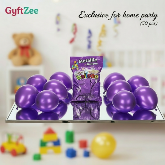 Purple metallic balloons with a package on a reflective surface, with 'GyftZee' branding.