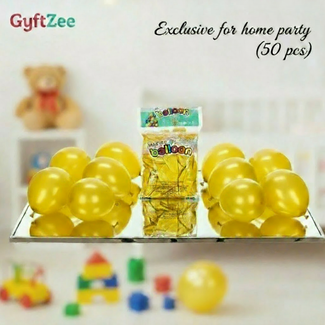 Yellow balloons with a package labeled 'balloon' on a white surface, with 'GyftZee' branding and text about exclusive home parties.