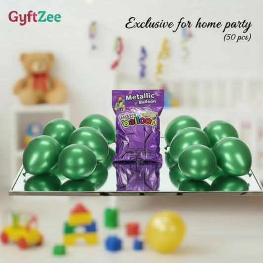 Green metallic balloons with a purple package labeled 'Metallic Balloon' on a reflective surface, with toys in the background.