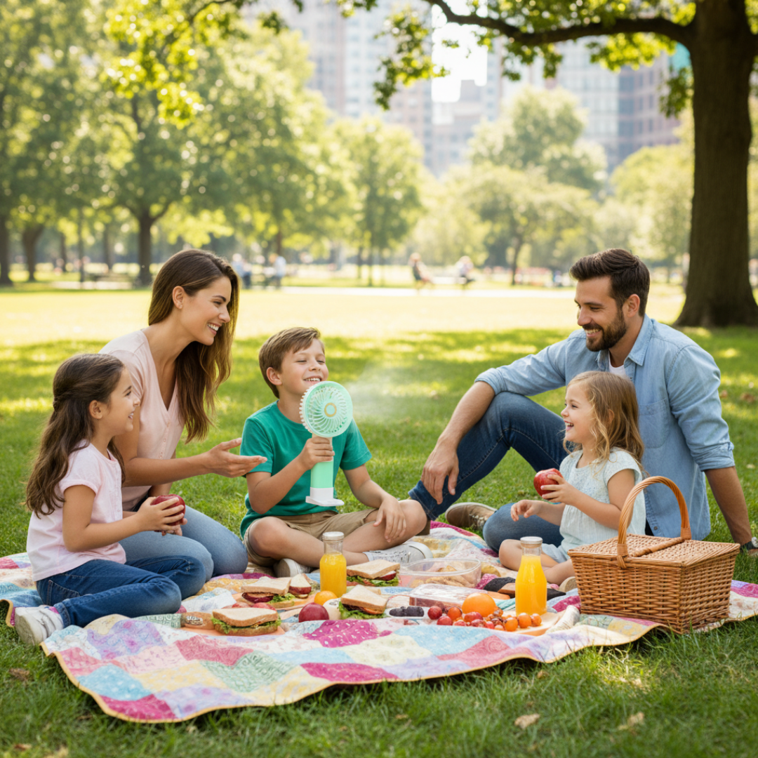 (Random color, 1 pcs) Mini Portable Rechargeable USB Fan with Base – Lightweight Handheld Mobile Stand