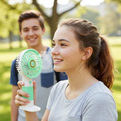 (Random color, 1 pcs) Mini Portable Rechargeable USB Fan with Base – Lightweight Handheld Mobile Stand