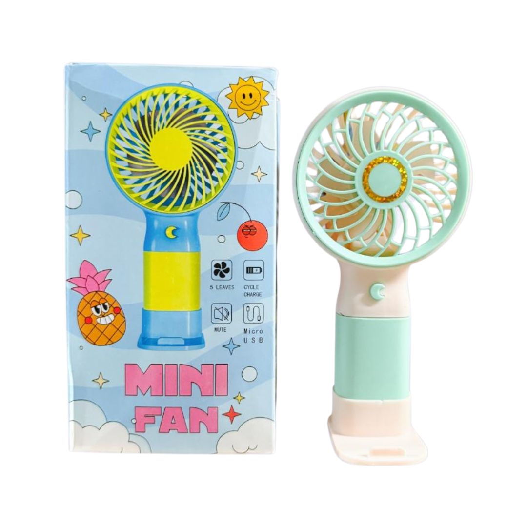 (Random color, 1 pcs) Mini Portable Rechargeable USB Fan with Base – Lightweight Handheld Mobile Stand